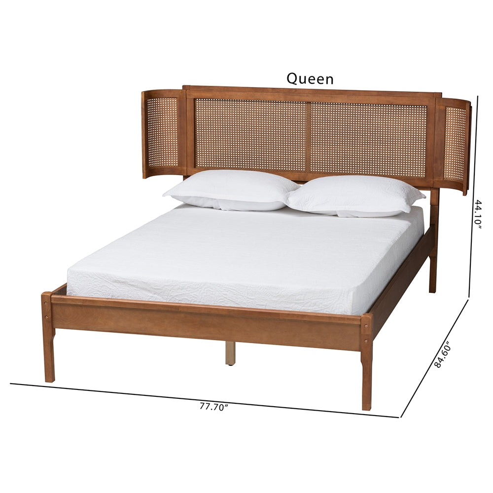 Jethro Queen Wood Platform Bed – Mid-Century Modern with Rattan Headboard