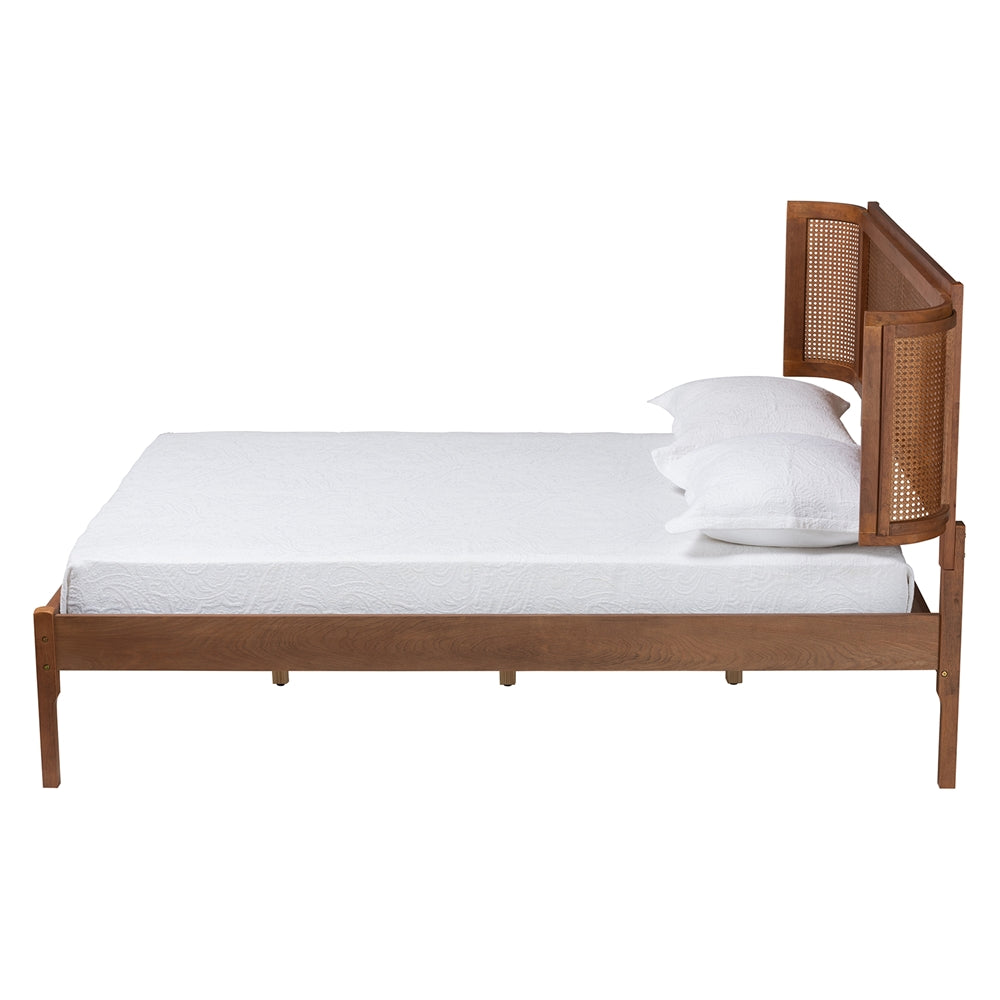 Jethro Queen Wood Platform Bed – Mid-Century Modern with Rattan Headboard