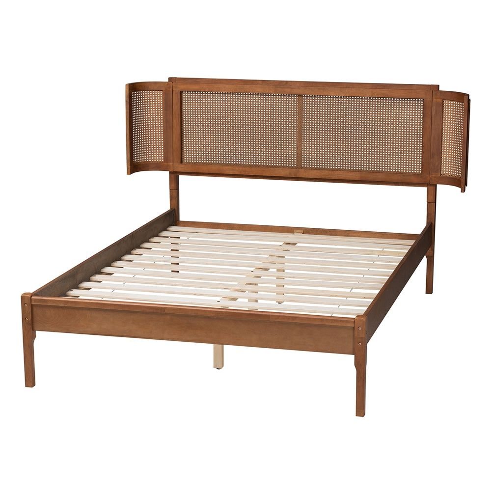 Jethro Queen Wood Platform Bed – Mid-Century Modern with Rattan Headboard