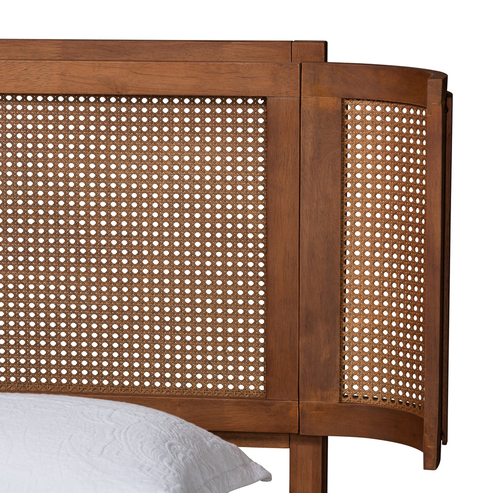 Andy Full Platform Bed Walnut Finish – Mid-Century Modern with Rattan Headboard