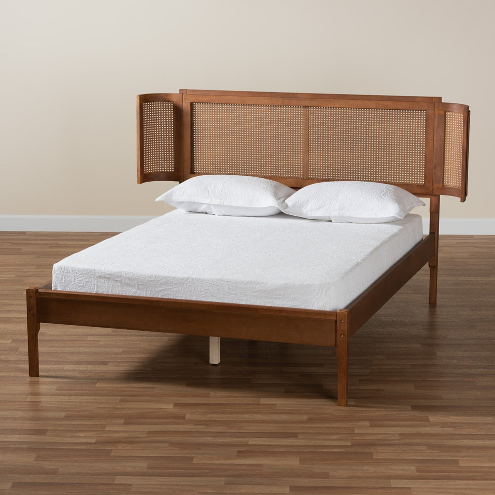 Andy Full Platform Bed Walnut Finish – Mid-Century Modern with Rattan Headboard
