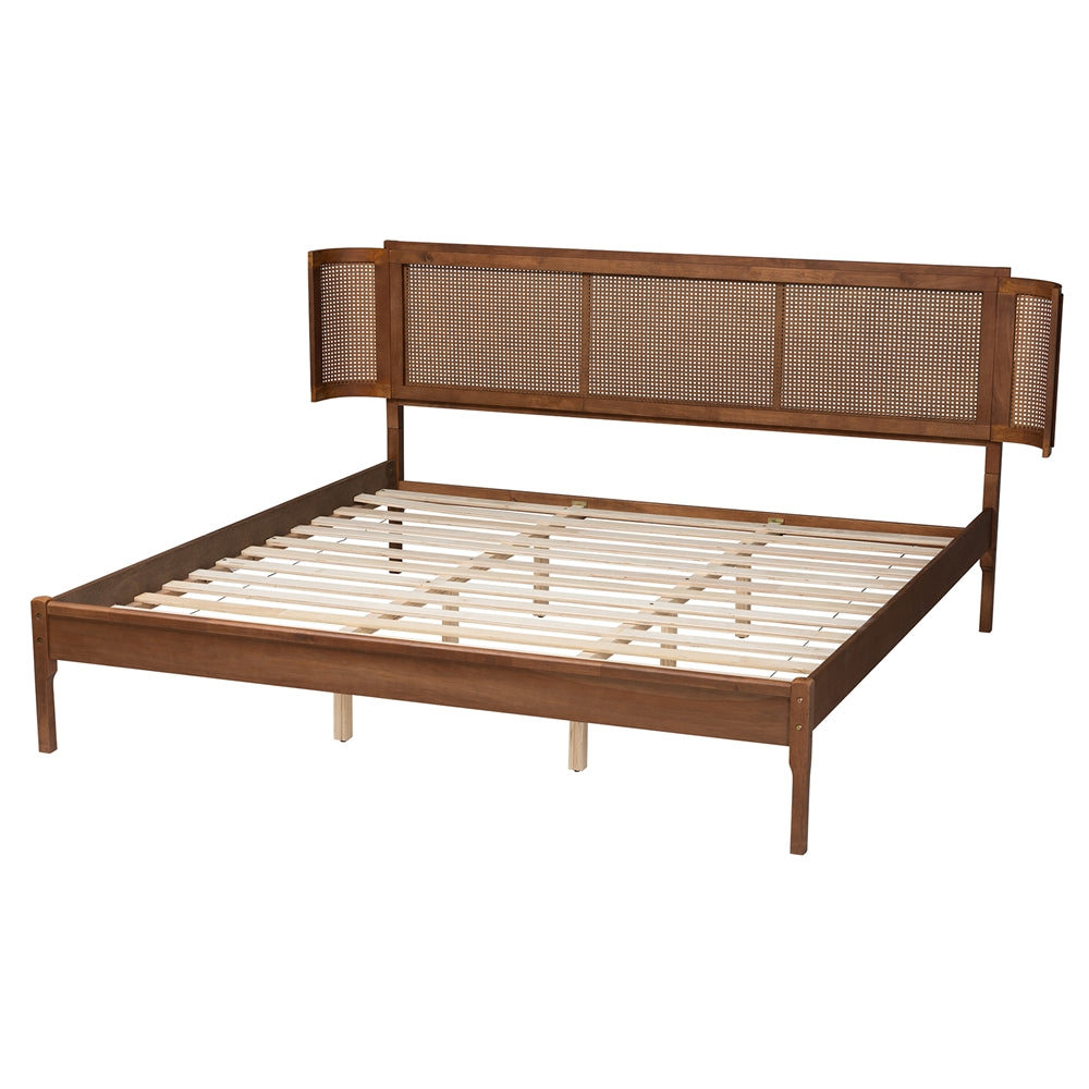 Niles King Wooden Bed – Modern Style with Slatted Rattan Headboard