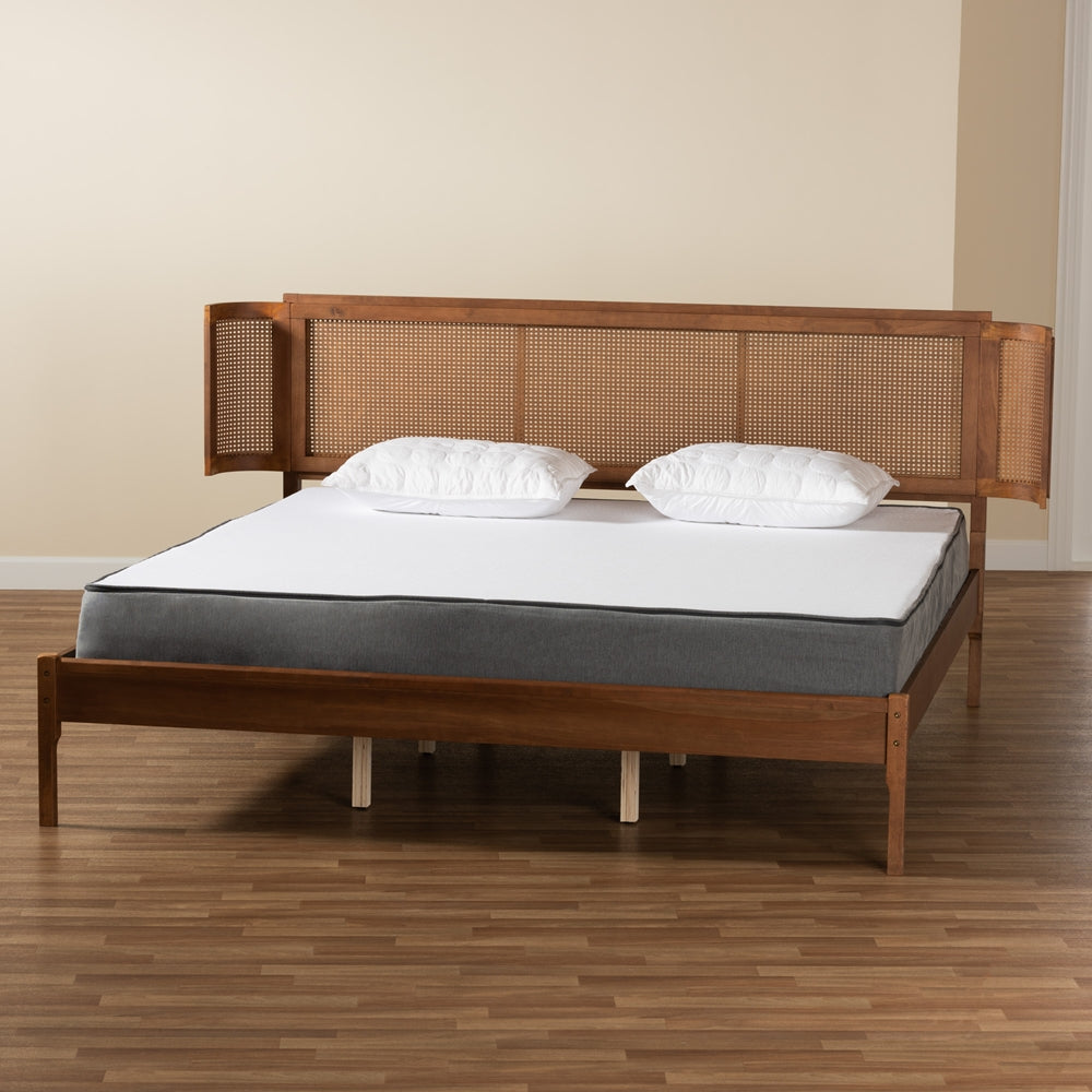 Niles King Wooden Bed – Modern Style with Slatted Rattan Headboard