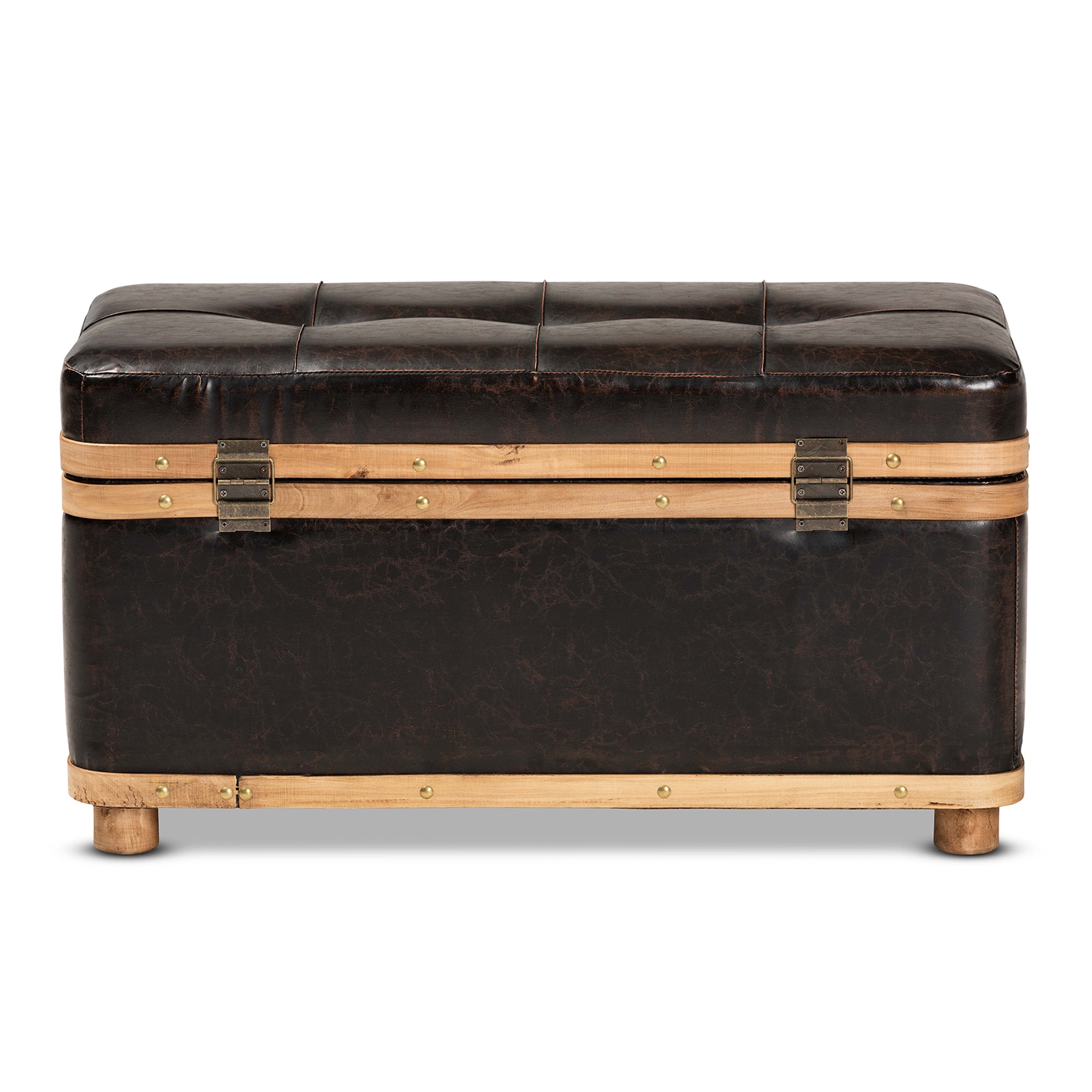 Gendry Modern Rustic Transitional Dark Brown Faux Leather Upholstered and Oak Brown Finished Wood Large Storage Ottoman