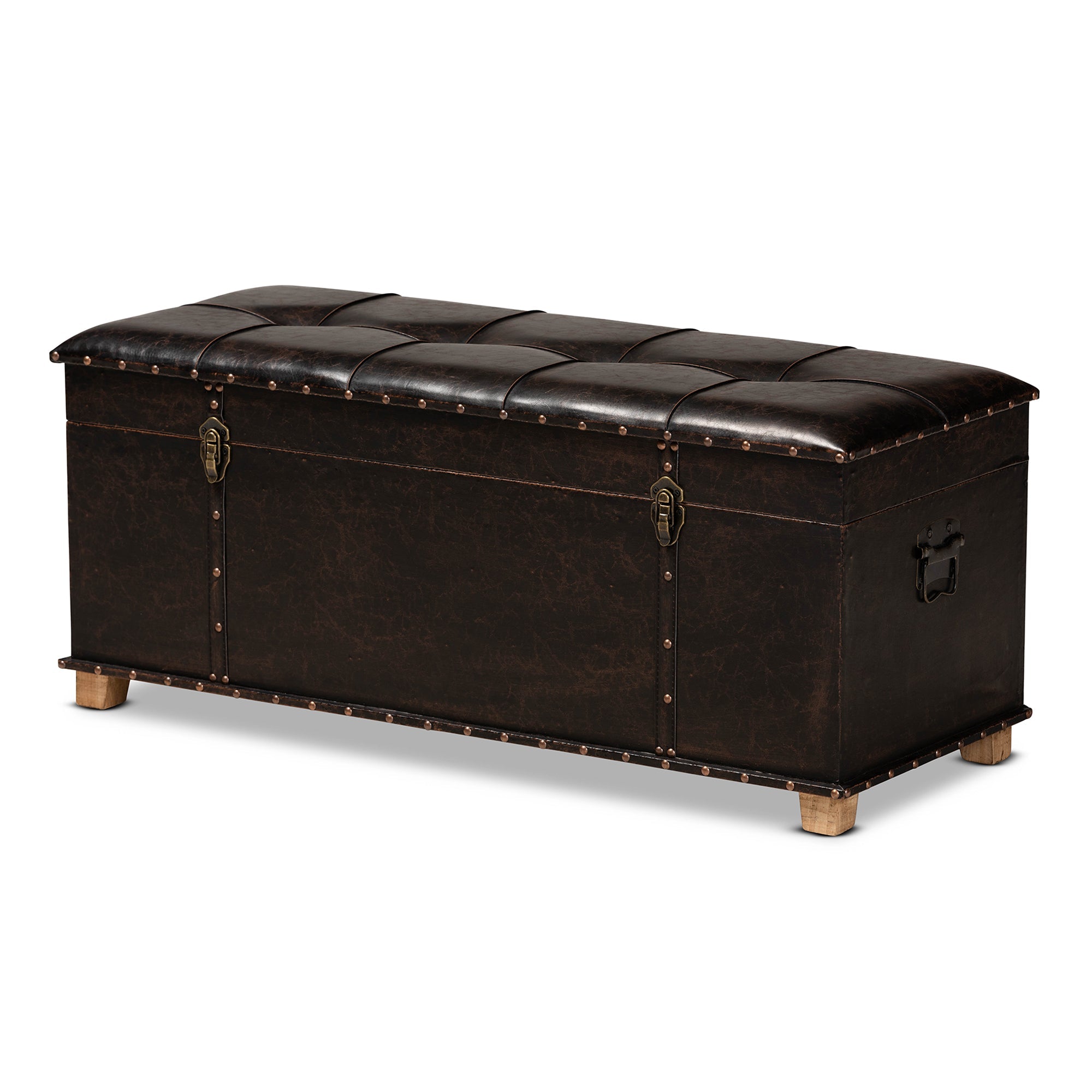 Janna Rustic Transitional Dark Brown Faux Leather Upholstered and Oak Brown Finished Wood Storage Ottoman