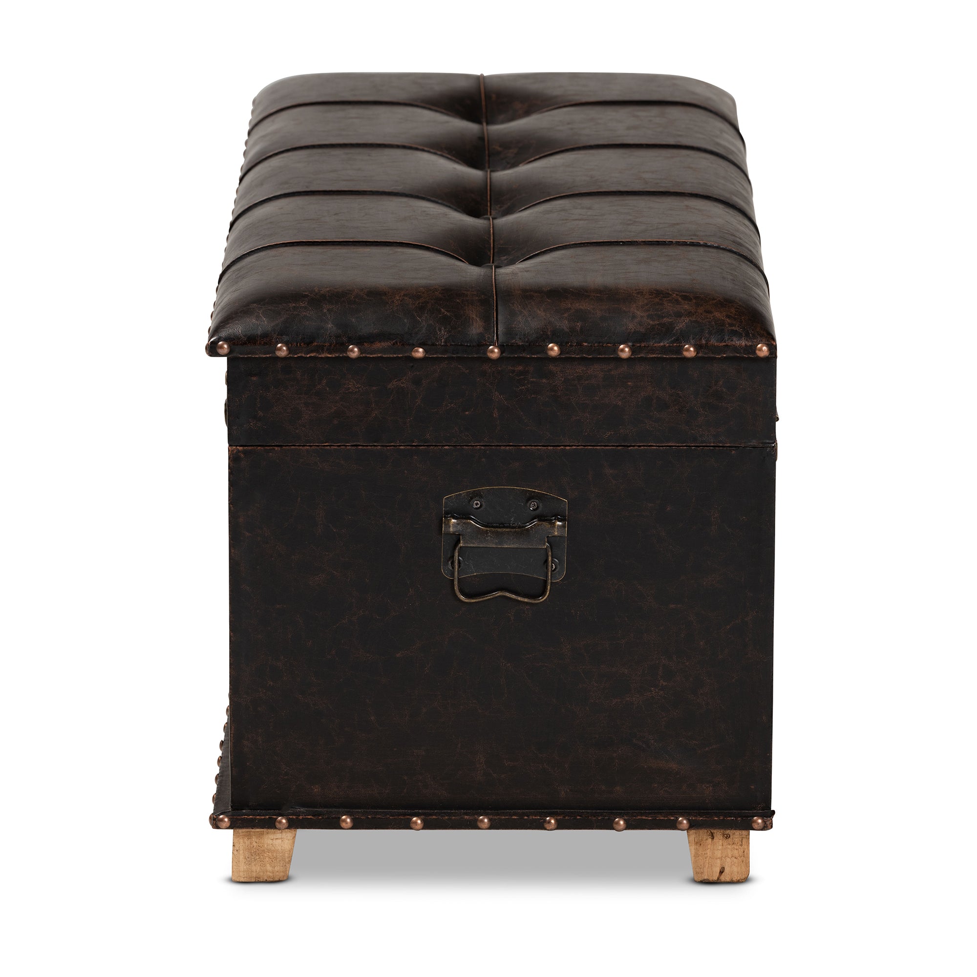 Janna Rustic Transitional Dark Brown Faux Leather Upholstered and Oak Brown Finished Wood Storage Ottoman