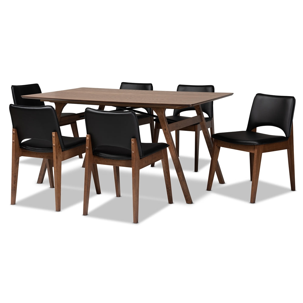 Afton Mid-Century Modern Black Faux Leather Upholstered and Walnut Brown Finished Wood 7-Piece Dining Set