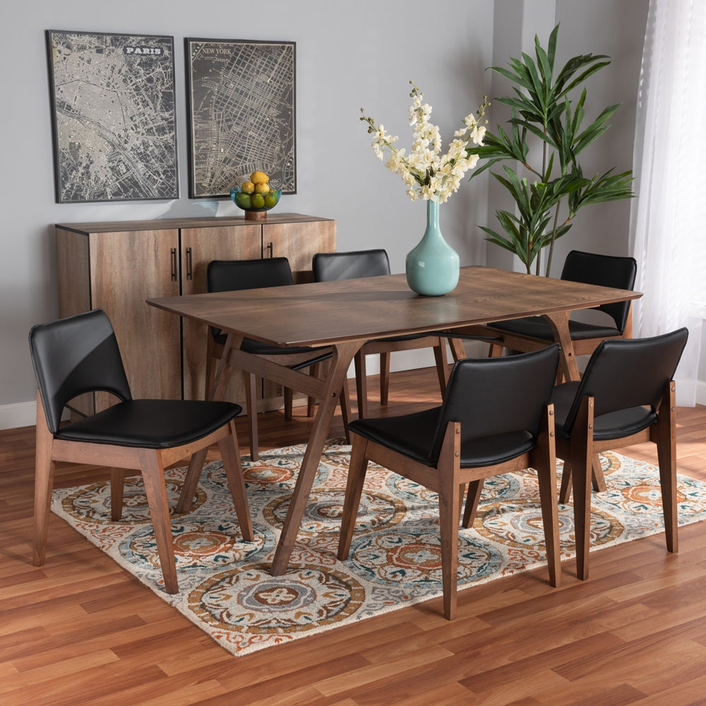 Afton Mid-Century Modern Black Faux Leather Upholstered and Walnut Brown Finished Wood 7-Piece Dining Set