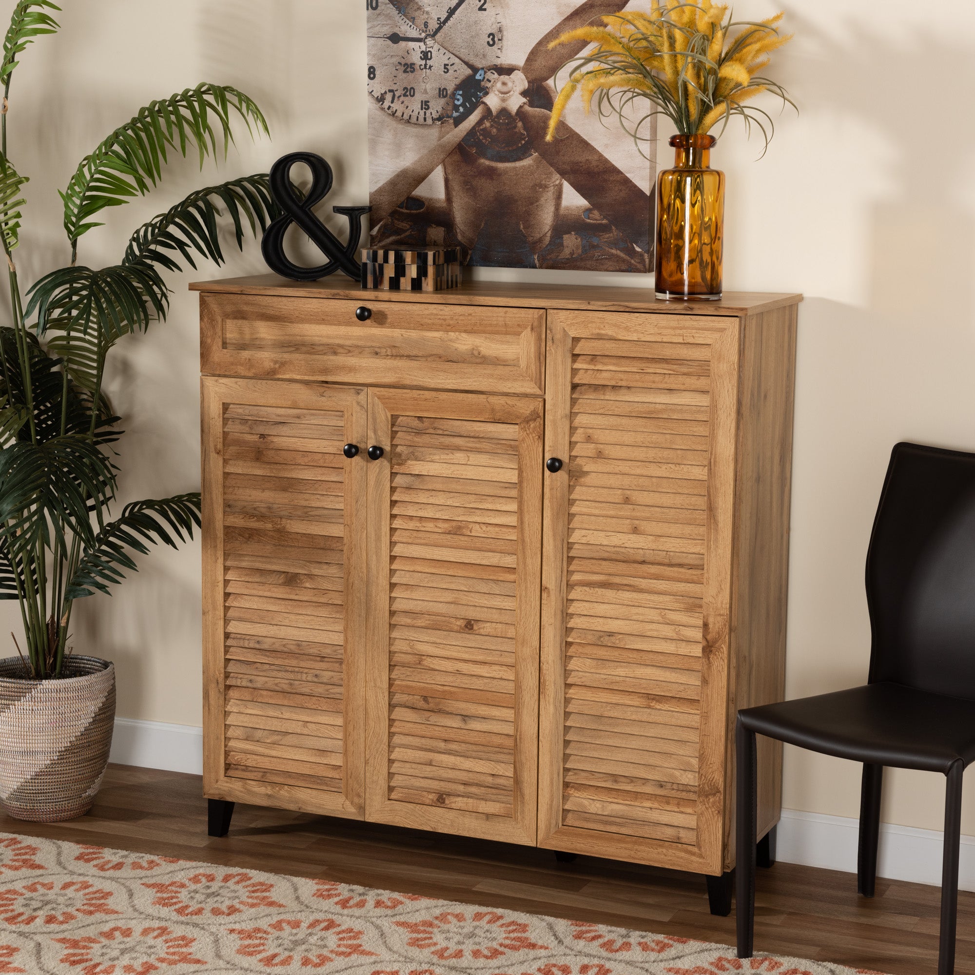 Coolidge Modern and Contemporary Oak Brown Finished Wood 3-Door Shoe Storage Cabinet with Drawer