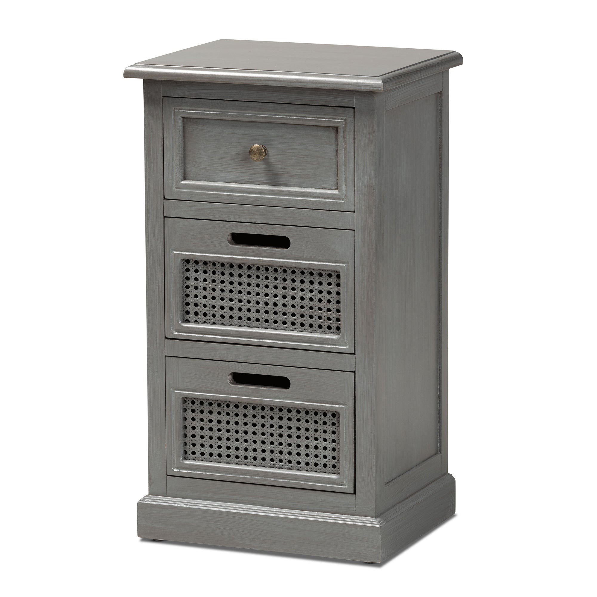 Baxton Studio Sheldon Modern and Contemporary Vintage Grey Finished Wood and Synthetic Rattan 3-Drawer End Table