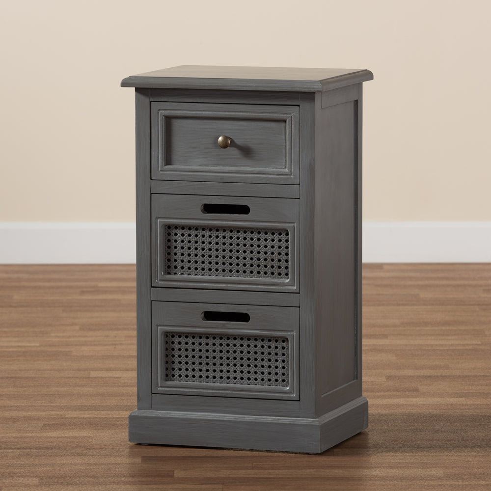 Sheldon Modern and Contemporary Vintage Grey Finished Wood and Synthetic Rattan 3-Drawer End Table