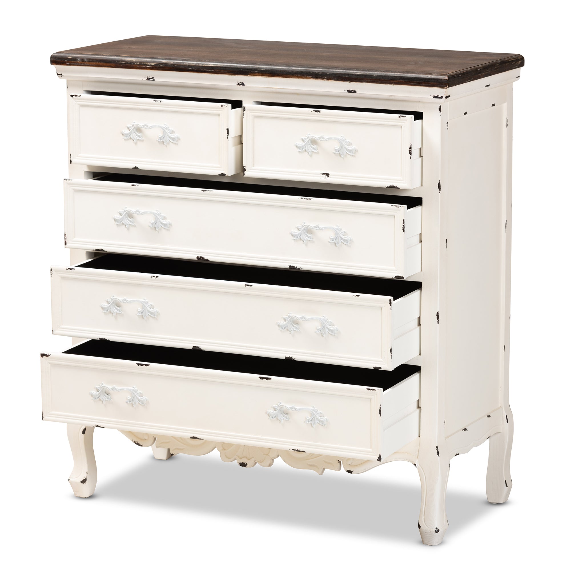 Levron Classic and Traditional Two-Tone Walnut Brown and Antique White Finished Wood 5-Drawer Storage Cabinet
