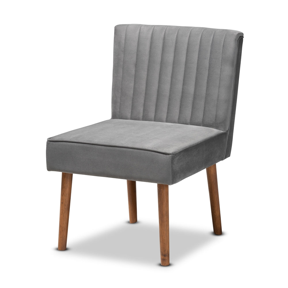Alvis Mid-Century Modern Grey Velvet Upholstered and Walnut Brown Finished Wood Dining Chair