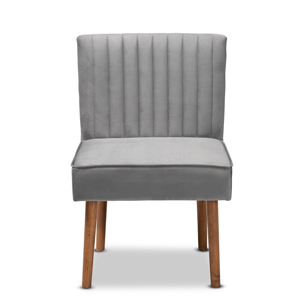 Alvis Mid-Century Modern Grey Velvet Upholstered and Walnut Brown Finished Wood Dining Chair