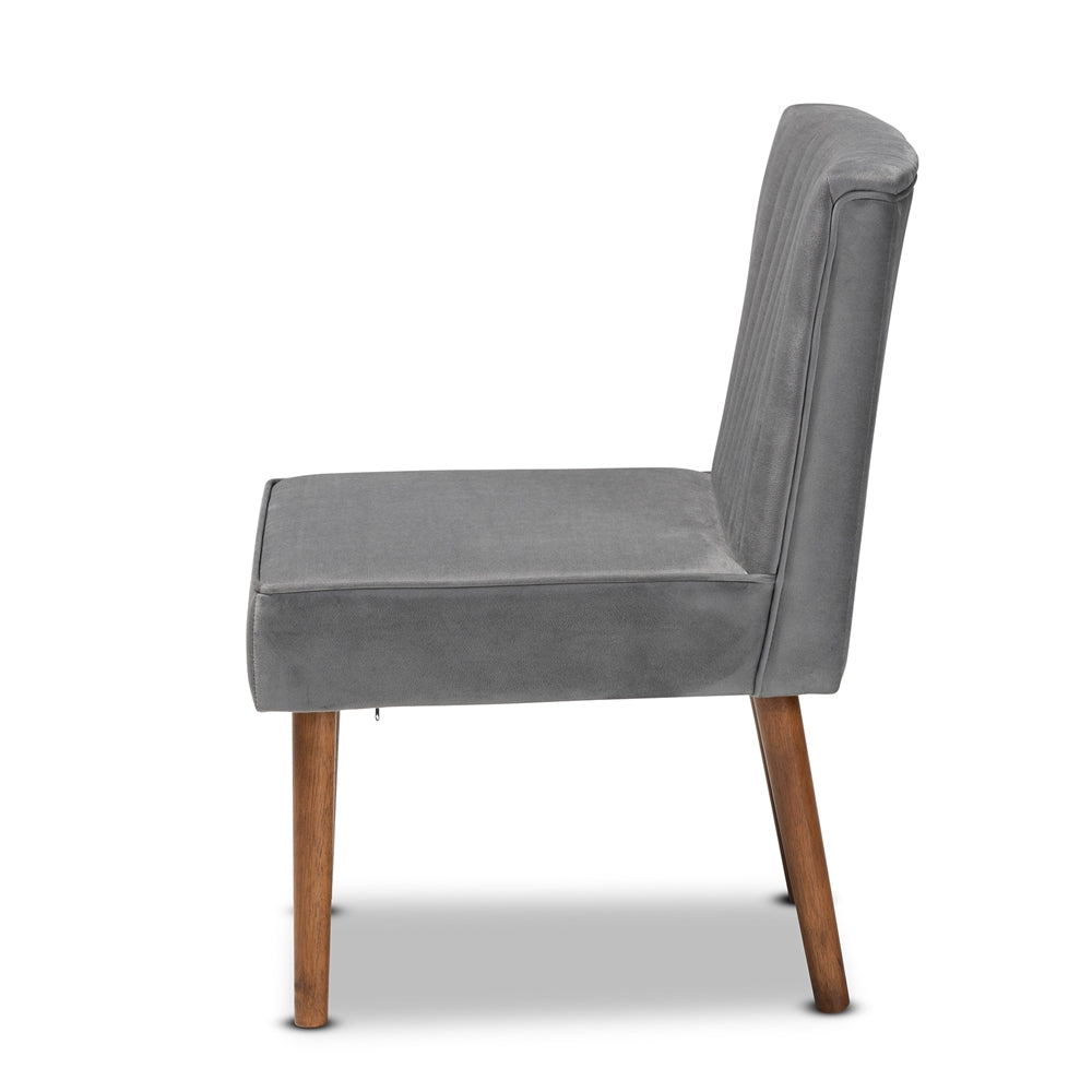 Alvis Mid-Century Modern Grey Velvet Upholstered and Walnut Brown Finished Wood Dining Chair