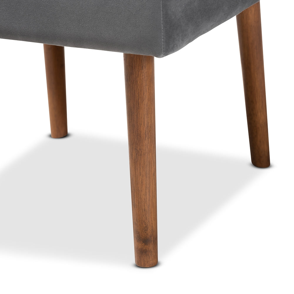 Alvis Mid-Century Modern Grey Velvet Upholstered and Walnut Brown Finished Wood Dining Chair