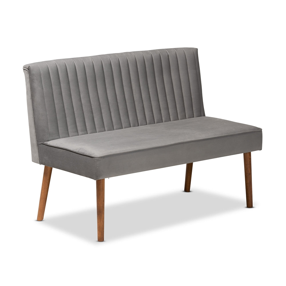 Alvis Mid-Century Modern Grey Velvet Upholstered and Walnut Brown Finished Wood 5-Piece Dining Nook Set