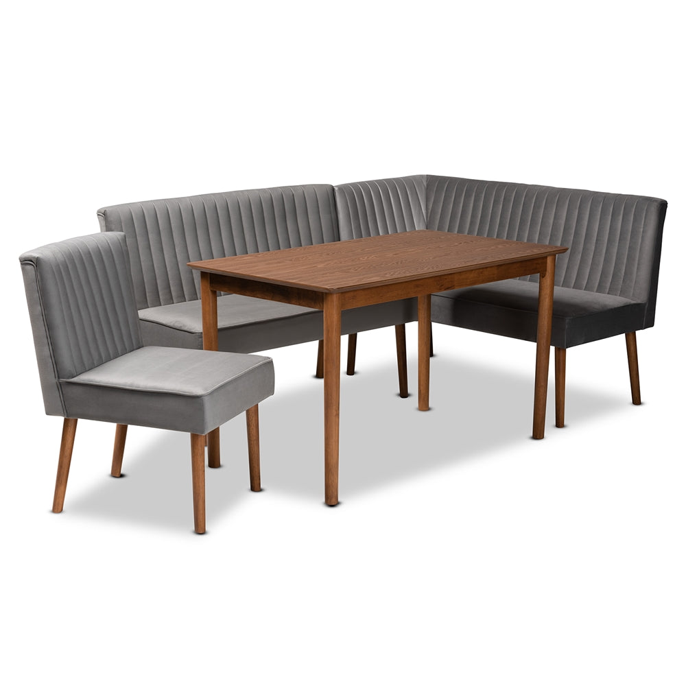 Alvis Mid-Century Modern Grey Velvet Upholstered and Walnut Brown Finished Wood 4-Piece Dining Nook Set