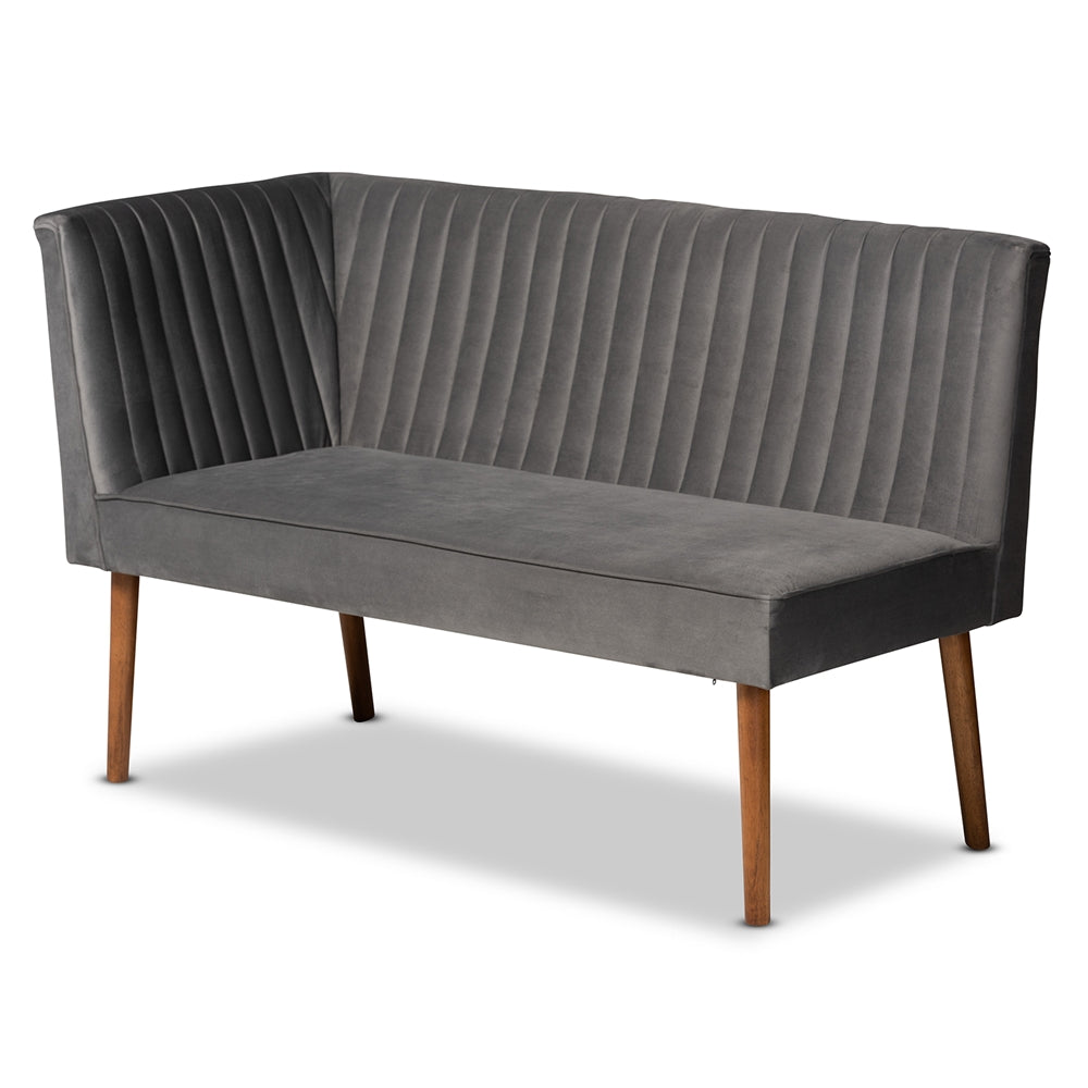 Alvis Mid-Century Modern Grey Velvet Upholstered and Walnut Brown Finished Wood 2-Piece Dining Nook Banquette Set