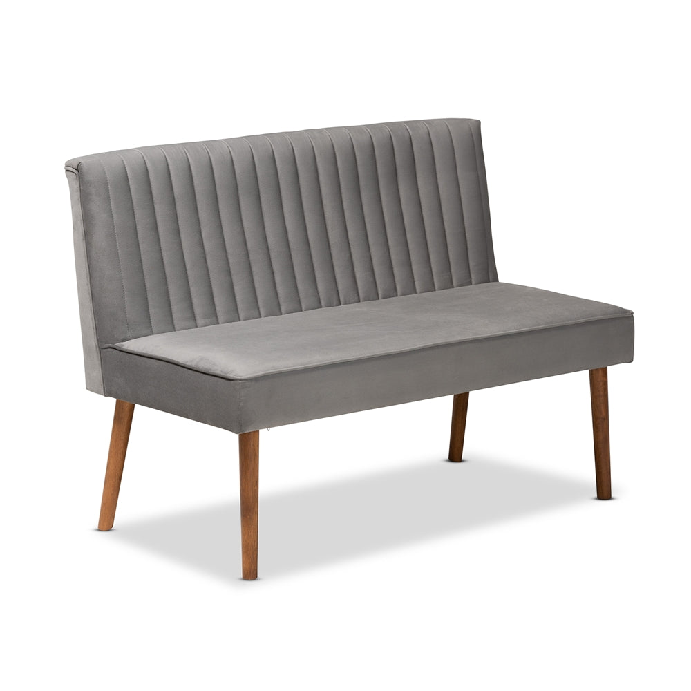 Alvis Mid-Century Modern Grey Velvet Upholstered and Walnut Brown Finished Wood 3-Piece Dining Nook Set