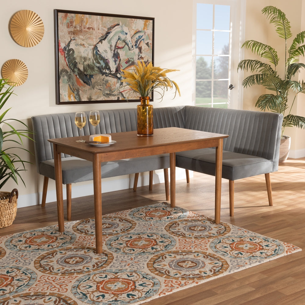 Alvis Mid-Century Modern Grey Velvet Upholstered and Walnut Brown Finished Wood 3-Piece Dining Nook Set
