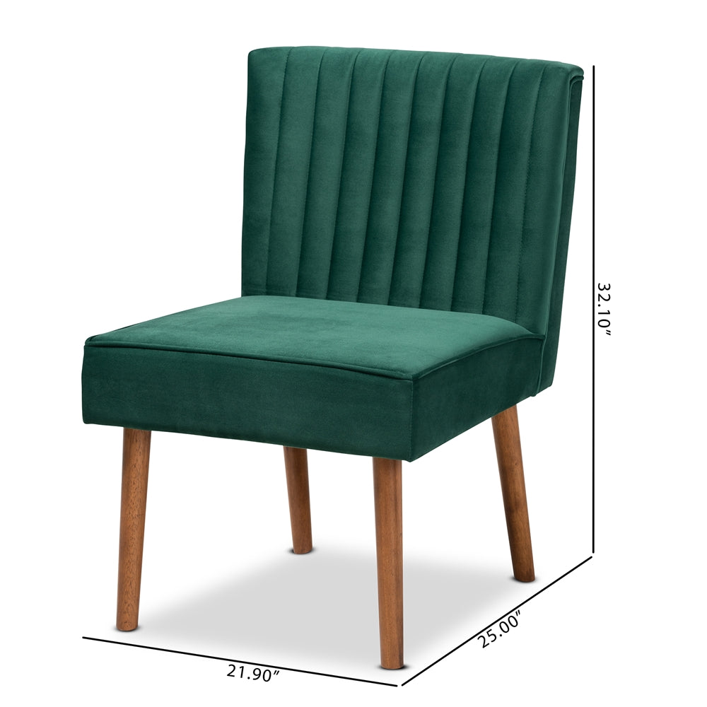 Alvis Mid-Century Modern Emerald Green Velvet Upholstered and Walnut Brown Finished Wood Dining Chair