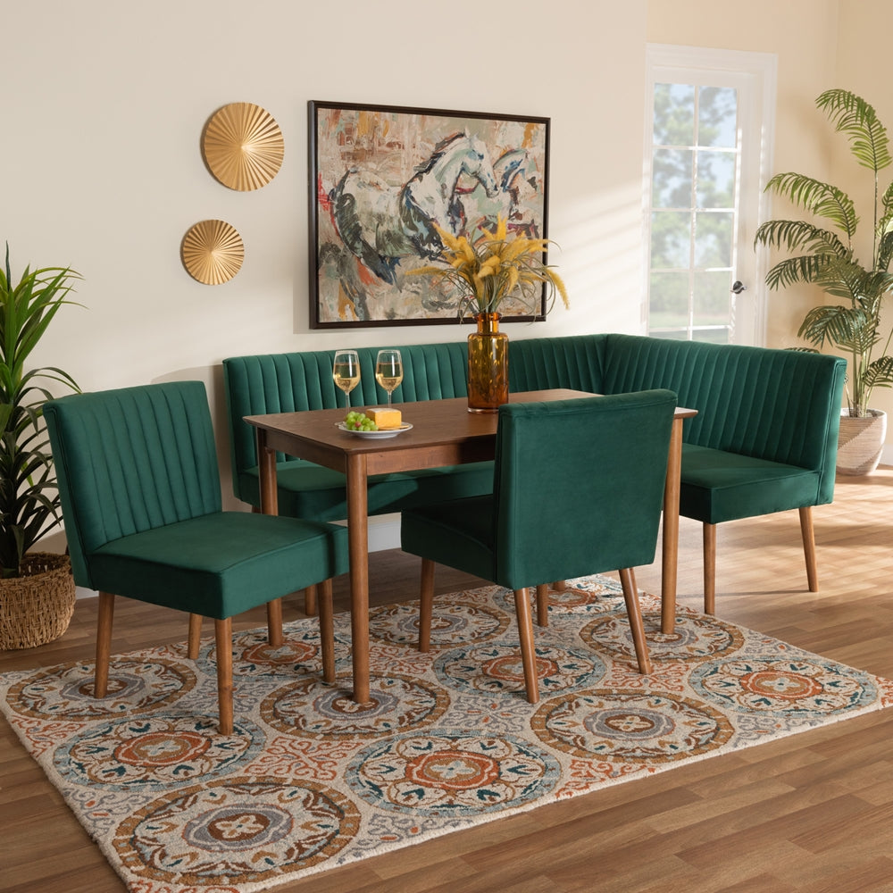 Alvis Mid-Century Modern Emerald Green Velvet Upholstered and Walnut Brown Finished Wood 5-Piece Dining Nook Set