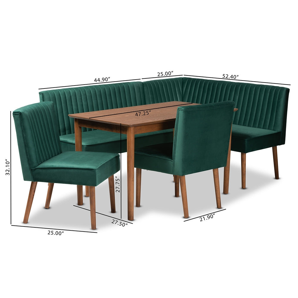 Alvis Mid-Century Modern Emerald Green Velvet Upholstered and Walnut Brown Finished Wood 5-Piece Dining Nook Set