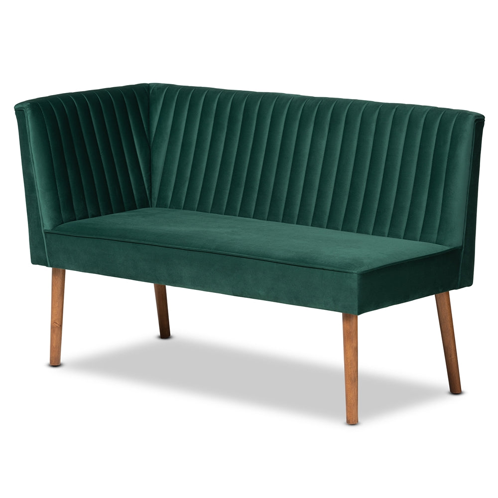 Alvis Mid-Century Modern Emerald Green Velvet Upholstered and Walnut Brown Finished Wood 5-Piece Dining Nook Set