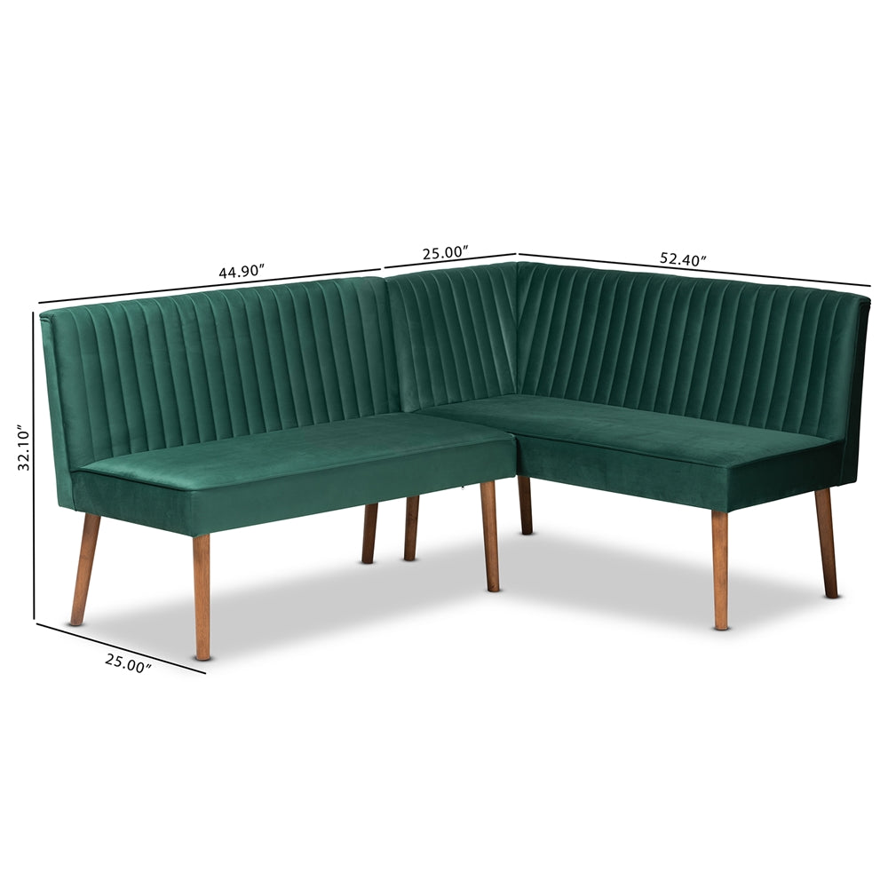 Alvis Mid-Century Modern Emerald Green Velvet Upholstered and Walnut Brown Finished Wood 2-Piece Dining Nook Banquette Set