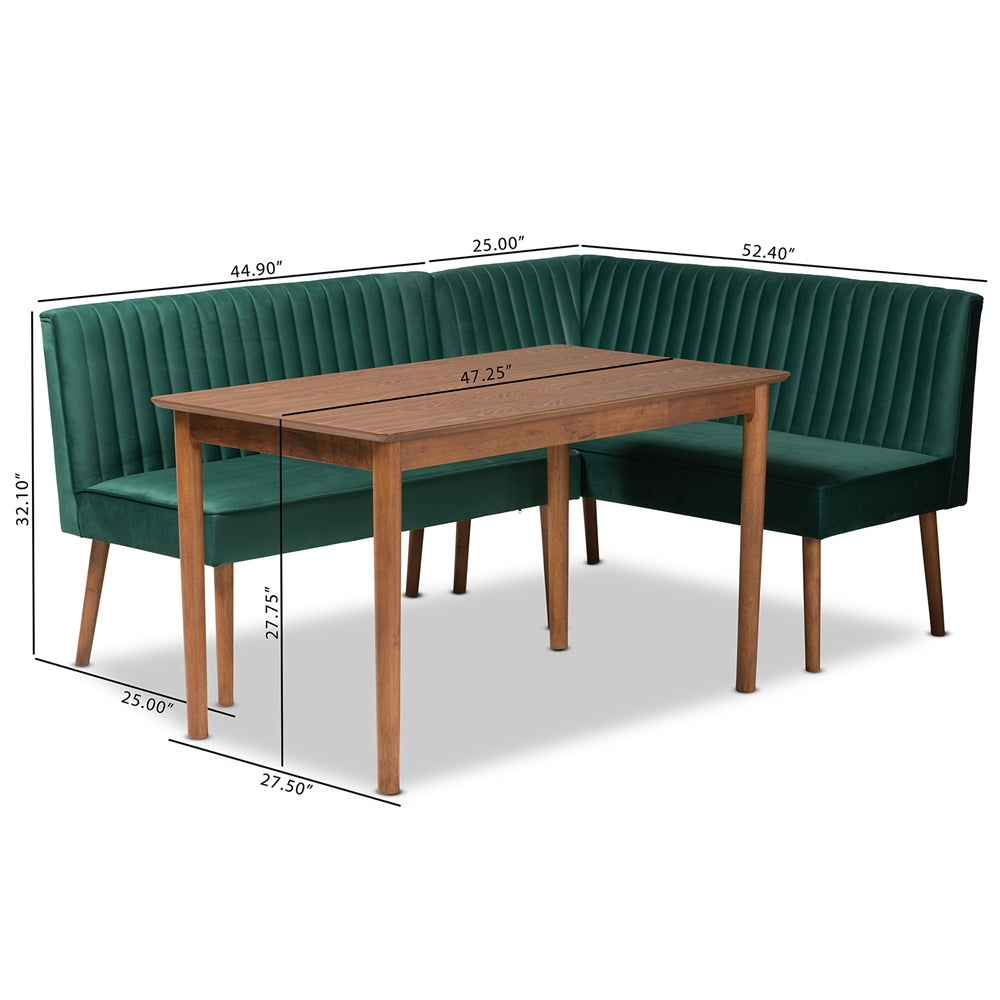 Alvis Mid-Century Modern Emerald Green Velvet Upholstered and Walnut Brown Finished Wood 3-Piece Dining Nook Set