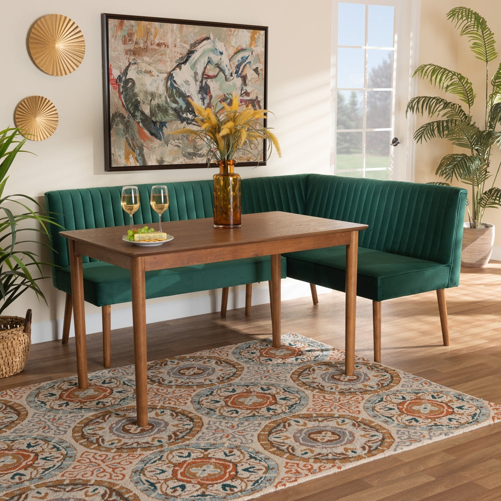 Alvis Mid-Century Modern Emerald Green Velvet Upholstered and Walnut Brown Finished Wood 3-Piece Dining Nook Set