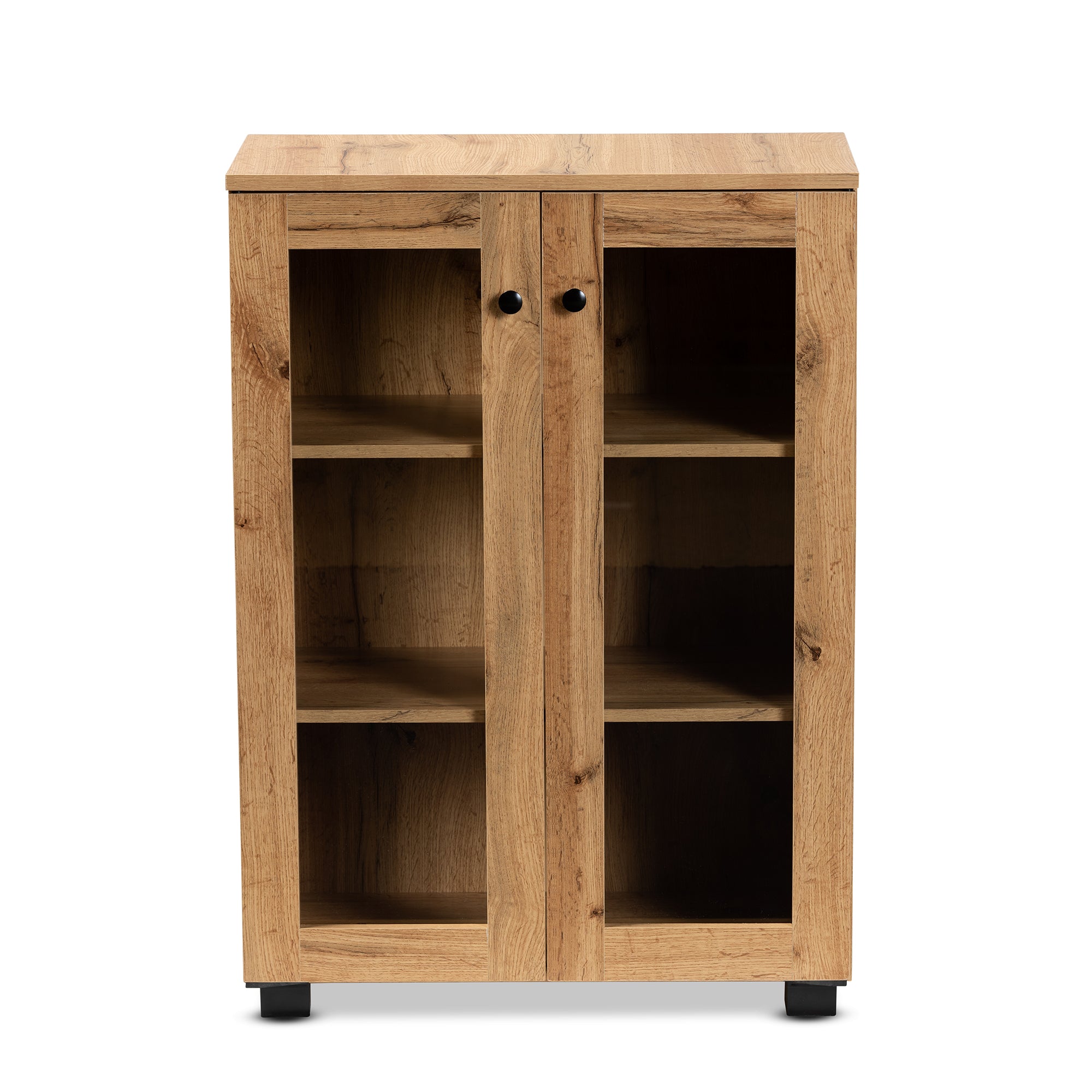 Mason Modern and Contemporary Oak Brown Finished Wood 2-Door Storage Cabinet with Glass Doors