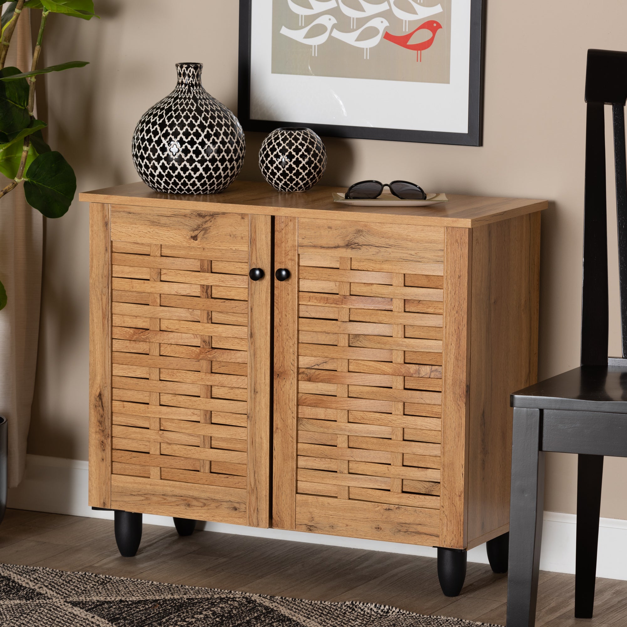 Winda Modern and Contemporary Oak Brown Finished Wood 2-Door Shoe Cabinet