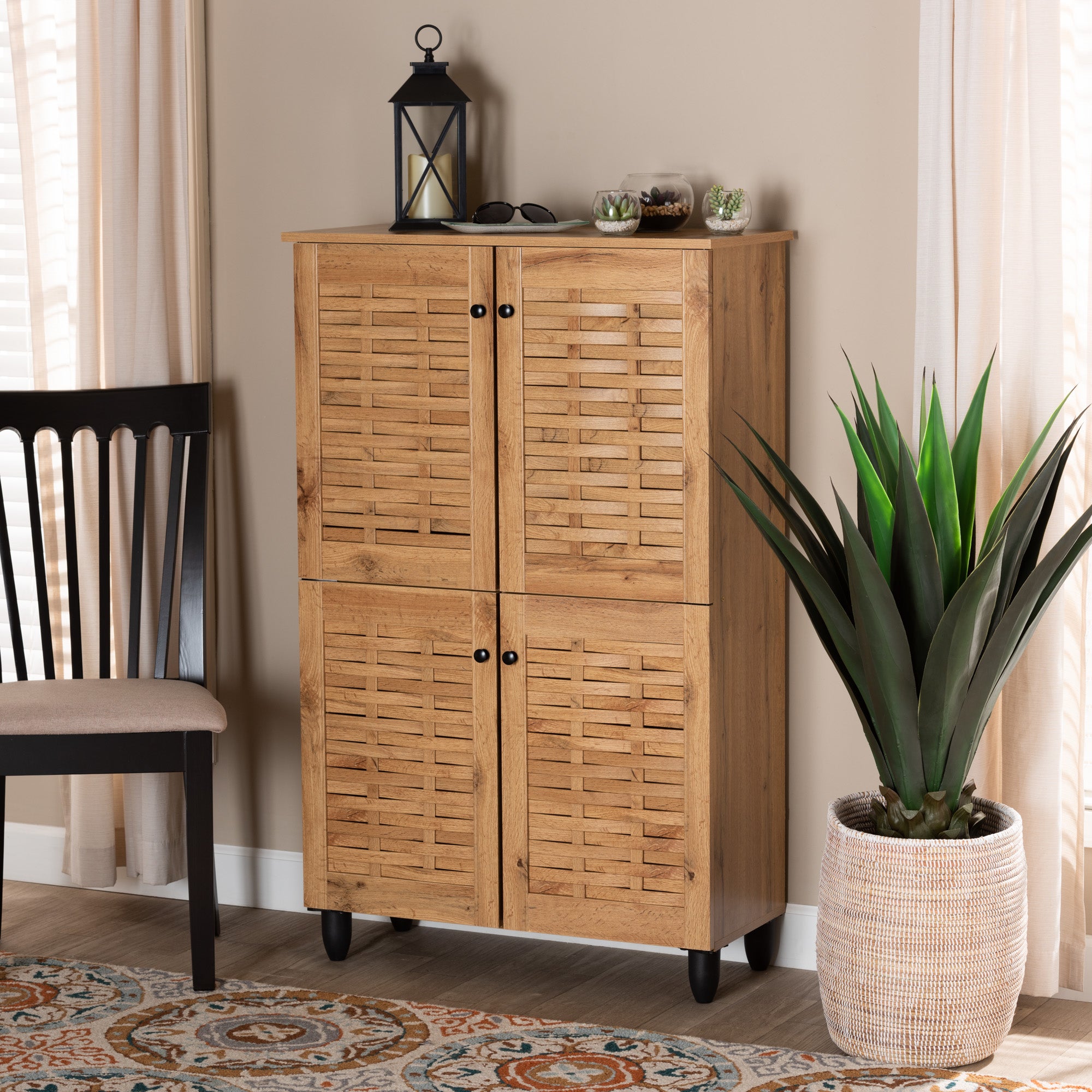 Winda Modern and Contemporary Oak Brown Finished Wood 4-Door Shoe Storage Cabinet