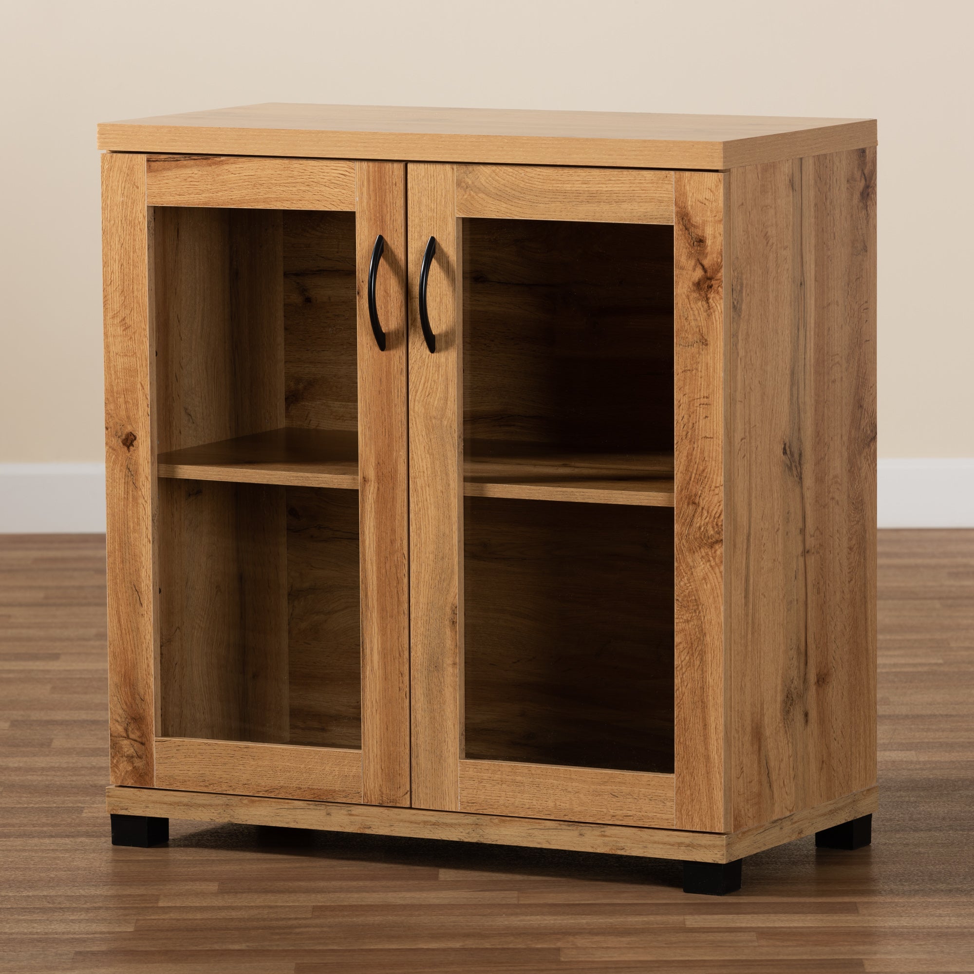 Zentra Modern and Contemporary Oak Brown Finished Wood 2-Door Storage Cabinet with Glass Doors