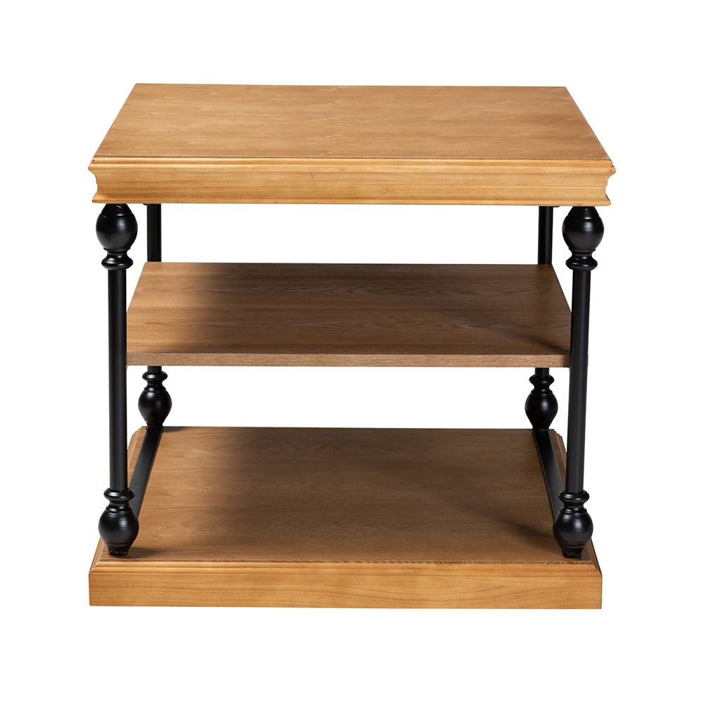 Sebastian Traditional Industrial Oak Brown Finished Wood and Black Metal 3-Tier End Table