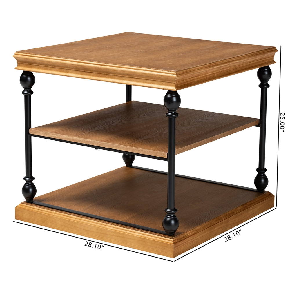 Sebastian Traditional Industrial Oak Brown Finished Wood and Black Metal 3-Tier End Table