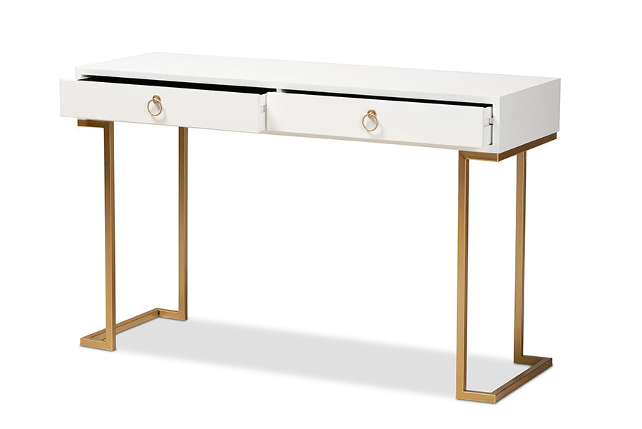 Beagan Modern and Contemporary White Finished Wood and Gold Metal 2-Drawer Console Table