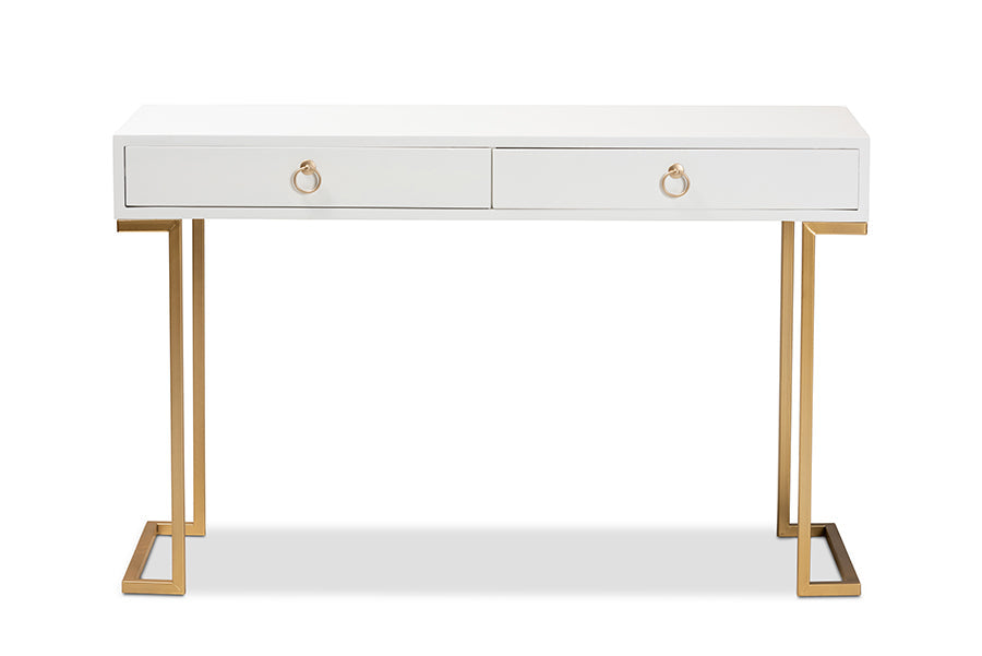 Beagan Modern and Contemporary White Finished Wood and Gold Metal 2-Drawer Console Table