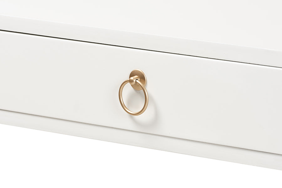 Beagan Modern and Contemporary White Finished Wood and Gold Metal 2-Drawer Console Table