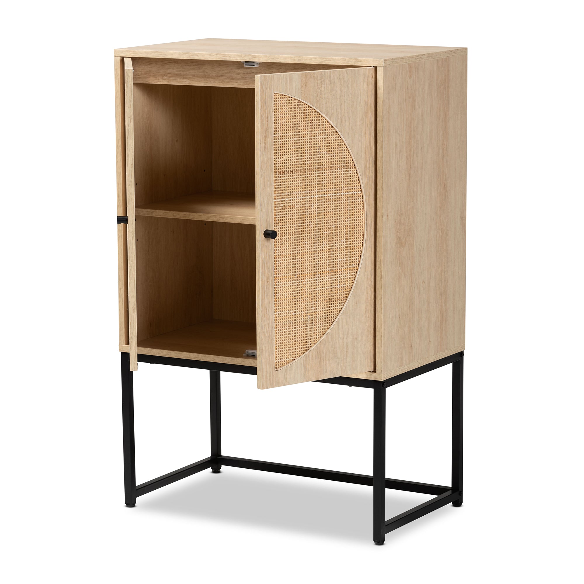 Ardon Bohemian Light Brown Finished Wood and Black Metal 2-Door Storage Cabinet with Natural Rattan