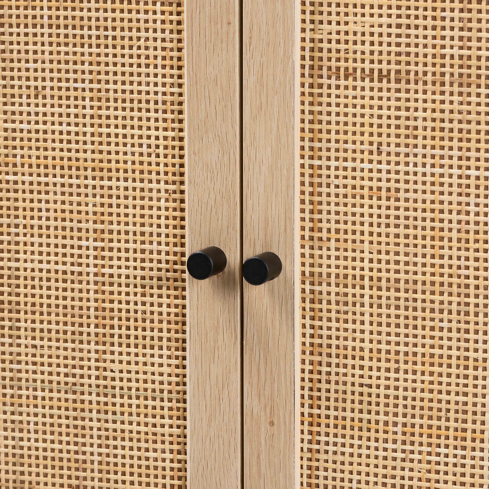 Ardon Bohemian Light Brown Finished Wood and Black Metal 2-Door Storage Cabinet with Natural Rattan