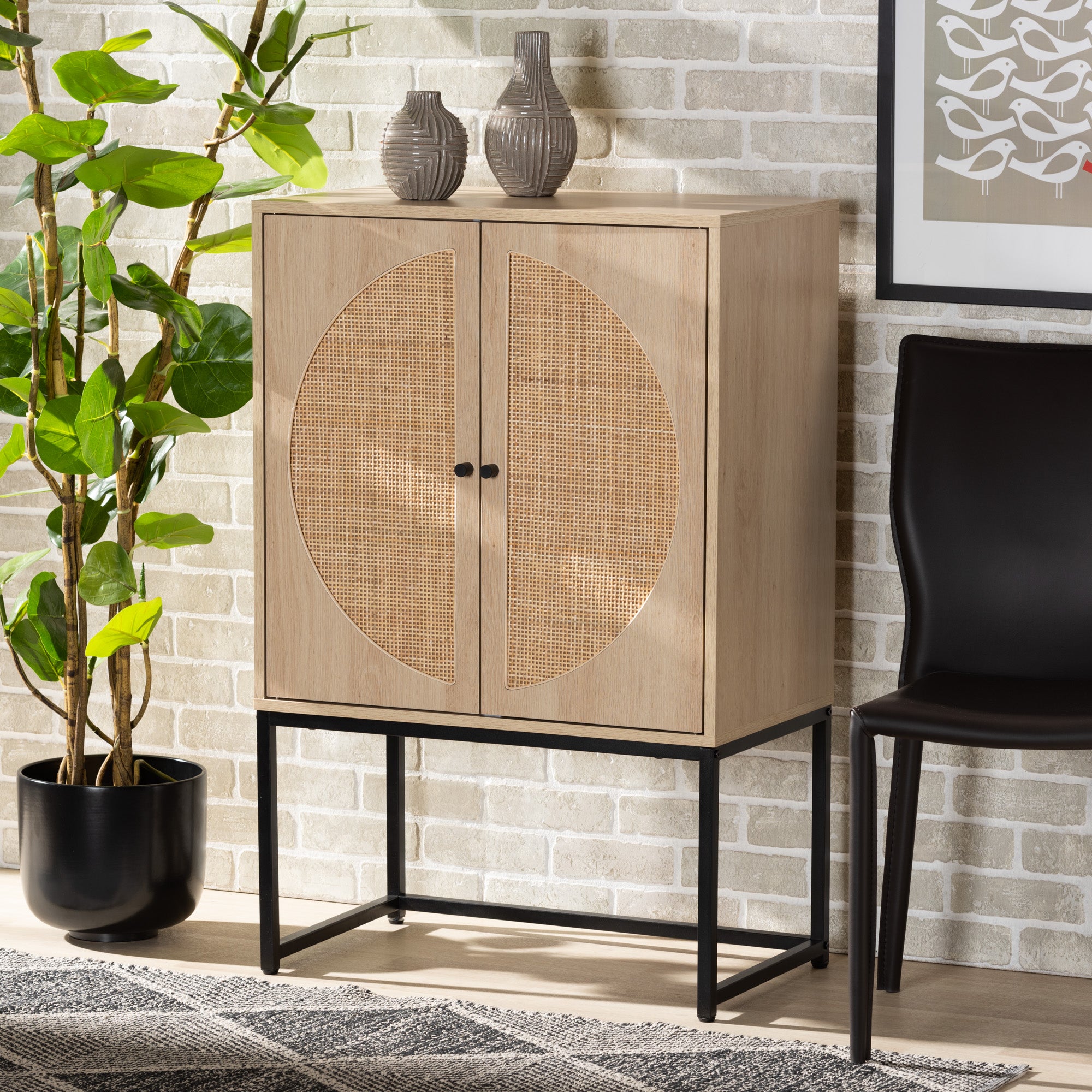 Ardon Bohemian Light Brown Finished Wood and Black Metal 2-Door Storage Cabinet with Natural Rattan