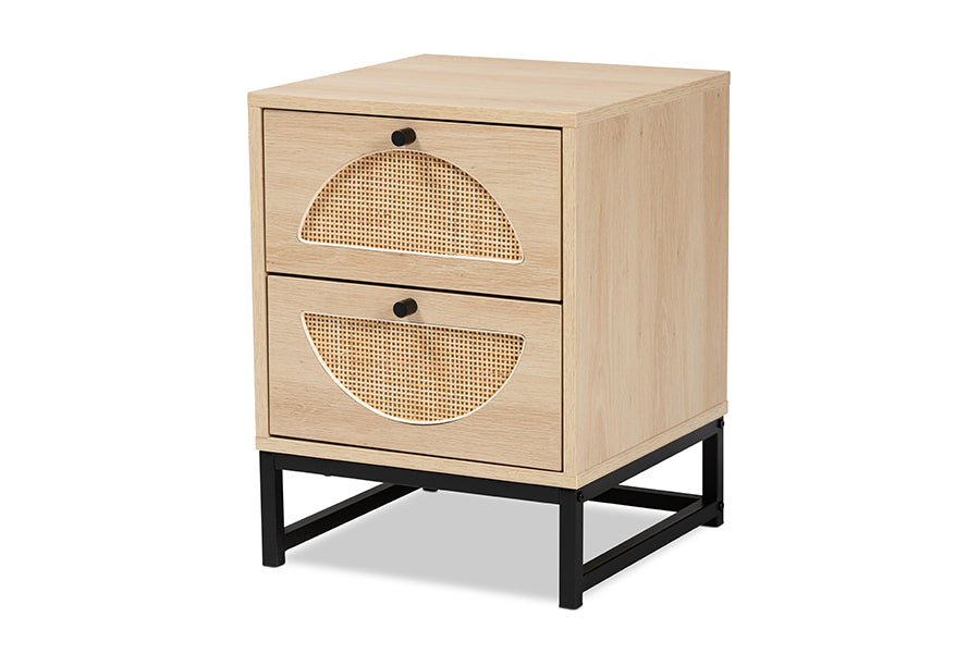 Ardon Bohemian Light Brown Finished Wood and Black Metal 2-Drawer End Table with Natural Rattan