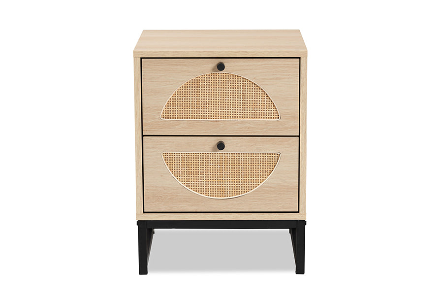 Ardon Bohemian Light Brown Finished Wood and Black Metal 2-Drawer End Table with Natural Rattan