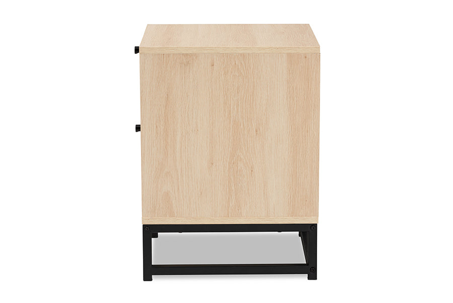 Ardon Bohemian Light Brown Finished Wood and Black Metal 2-Drawer End Table with Natural Rattan