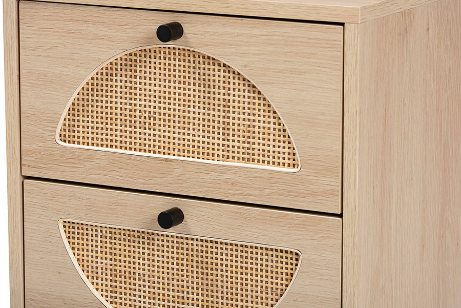 Ardon Bohemian Light Brown Finished Wood and Black Metal 2-Drawer End Table with Natural Rattan