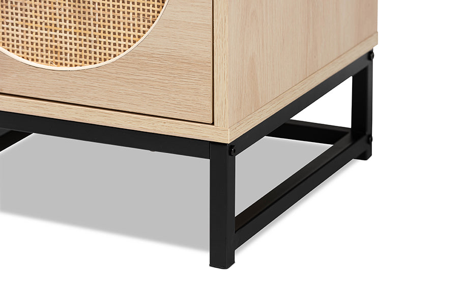 Ardon Bohemian Light Brown Finished Wood and Black Metal 2-Drawer End Table with Natural Rattan