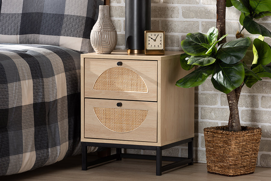Ardon Bohemian Light Brown Finished Wood and Black Metal 2-Drawer End Table with Natural Rattan